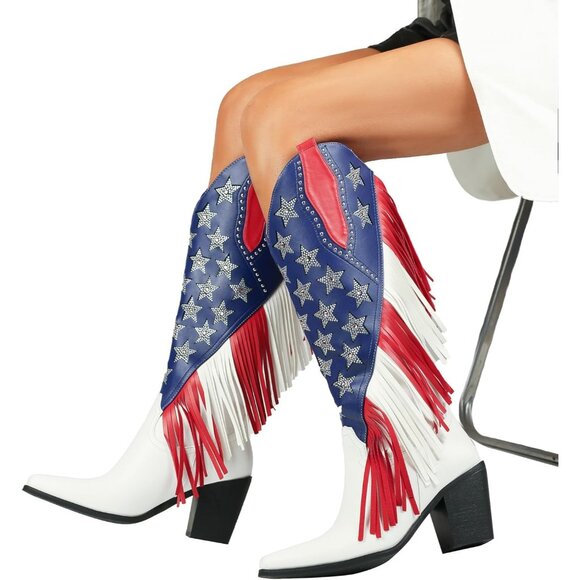 ⚡Women's Fringes American Flag Mid-Calf Western Boot Sparkling Stars Rhinestones - Picture 5 of 9